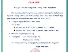 Thông Báo Mời Họp Phụ Huynh Toàn Trường Sơ Kết Học Kì I Năm học 2022-2023