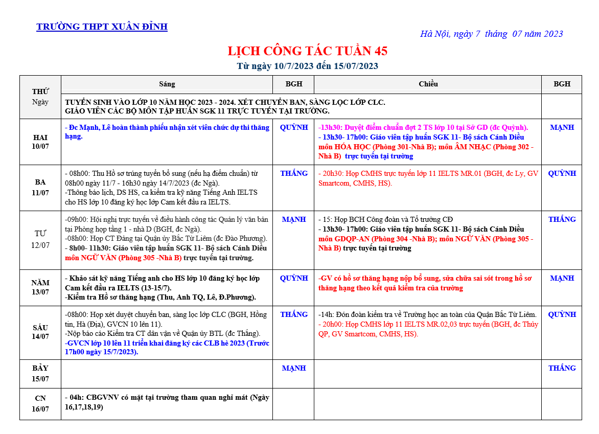 45. Lịch Tuan 45 10 15.7.2023